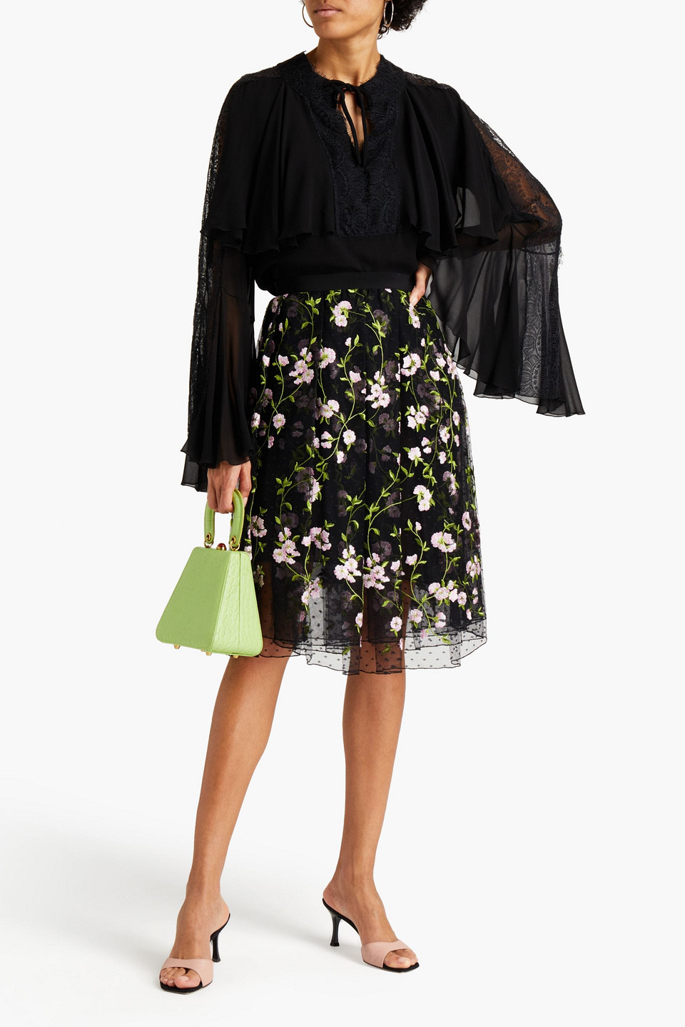 Giambattista Valli Ruffled Lace-trimmed Silk-georgette Blouse In Black