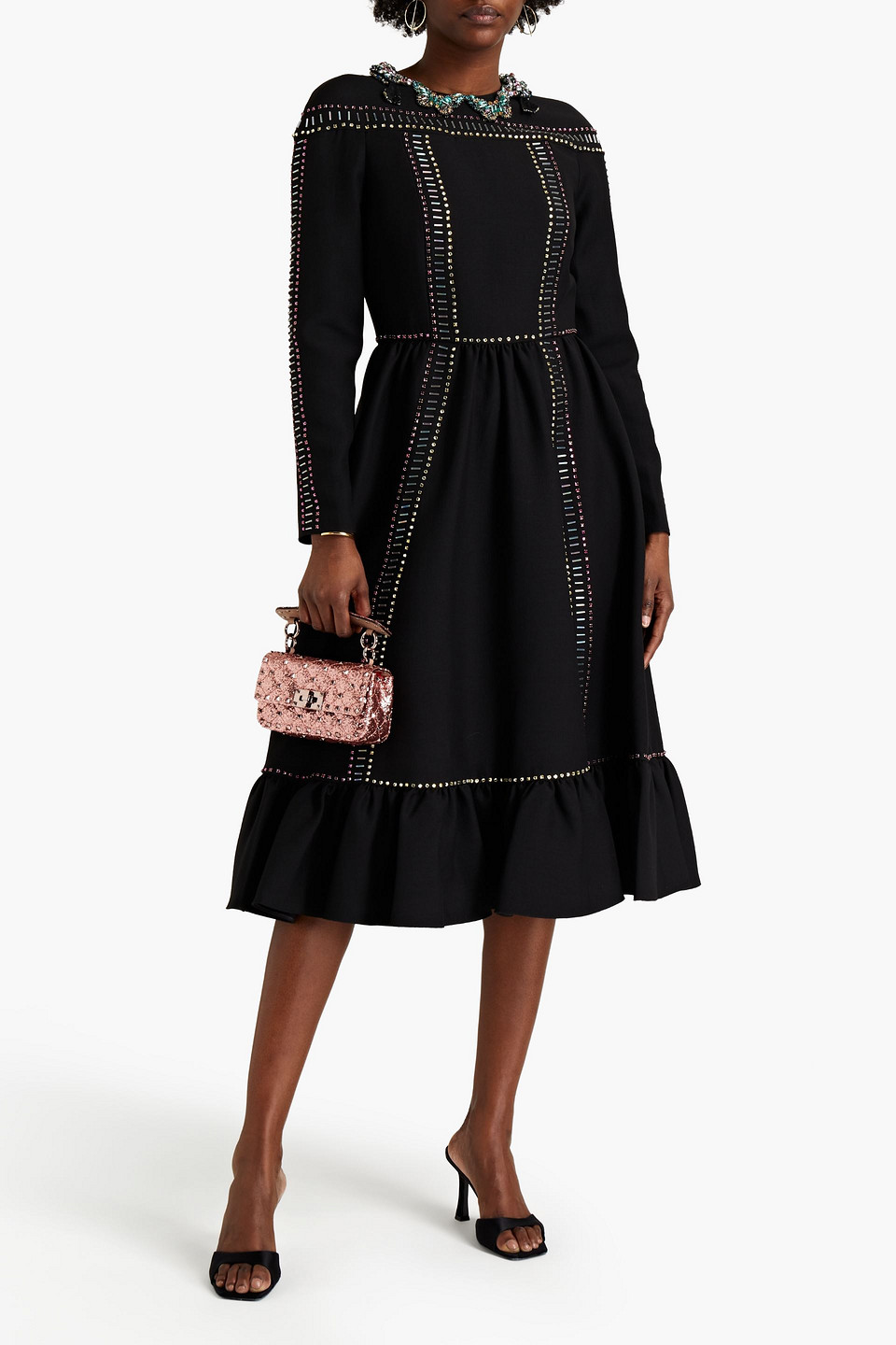 Valentino Gathered Embellished Wool And Silk-blend Midi Dress In Black