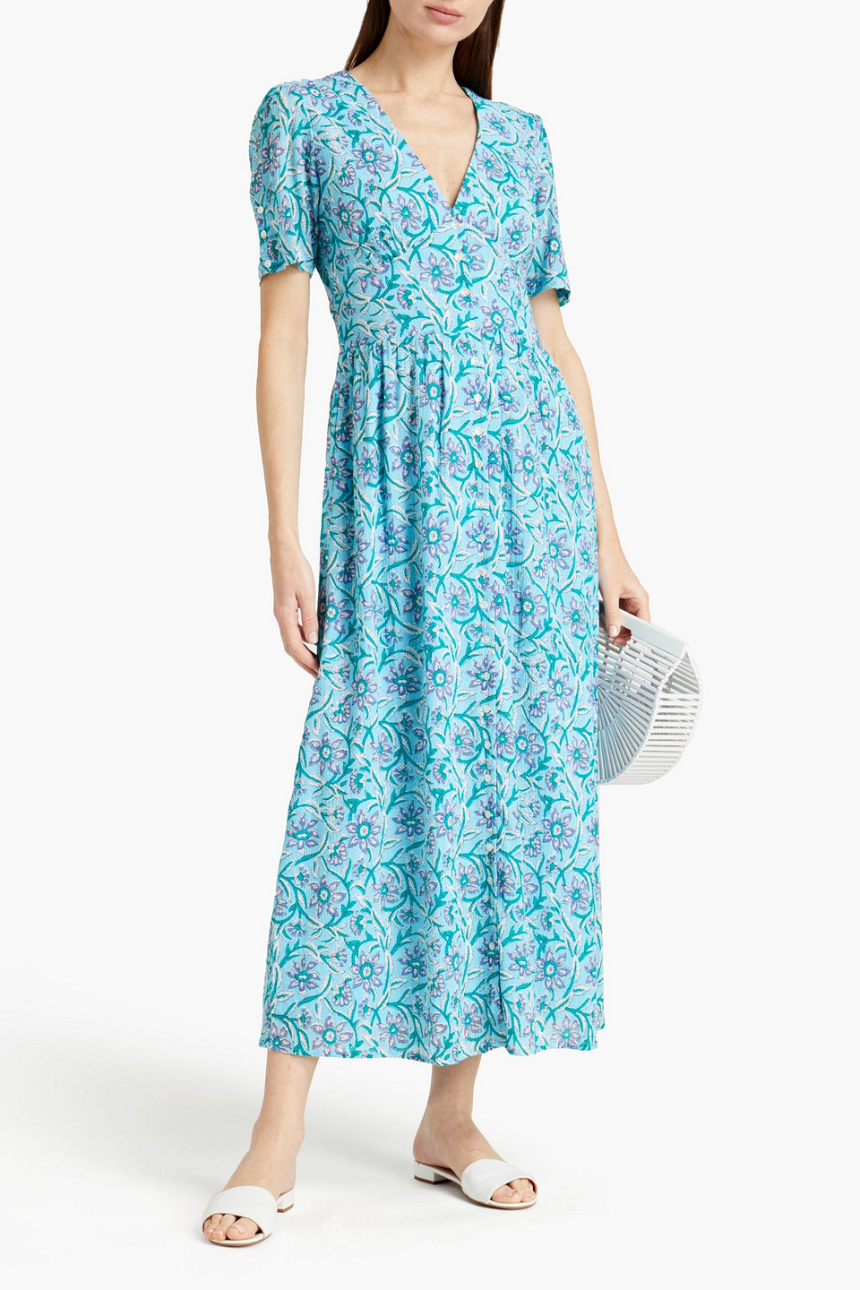 Antik Batik Maria Floral-print Crinkled Cotton-gauze Midi Dress In Light Blue