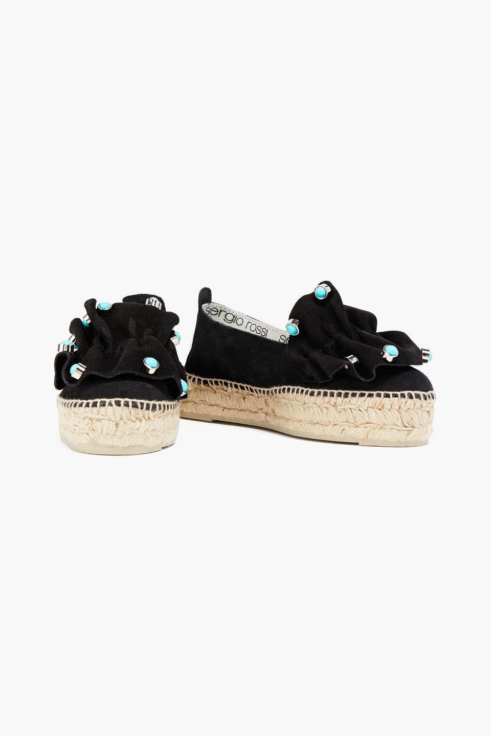 Shop Sergio Rossi Embellished Ruffled Suede Espadrilles In Black