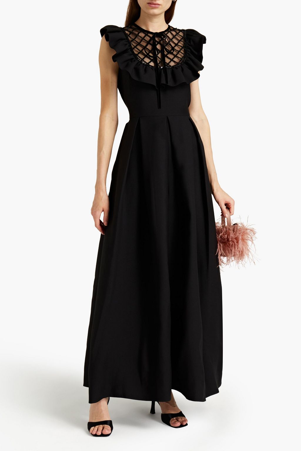 VALENTINO GARAVANI Embellished tulle-paneled wool and silk-blend crepe maxi dress