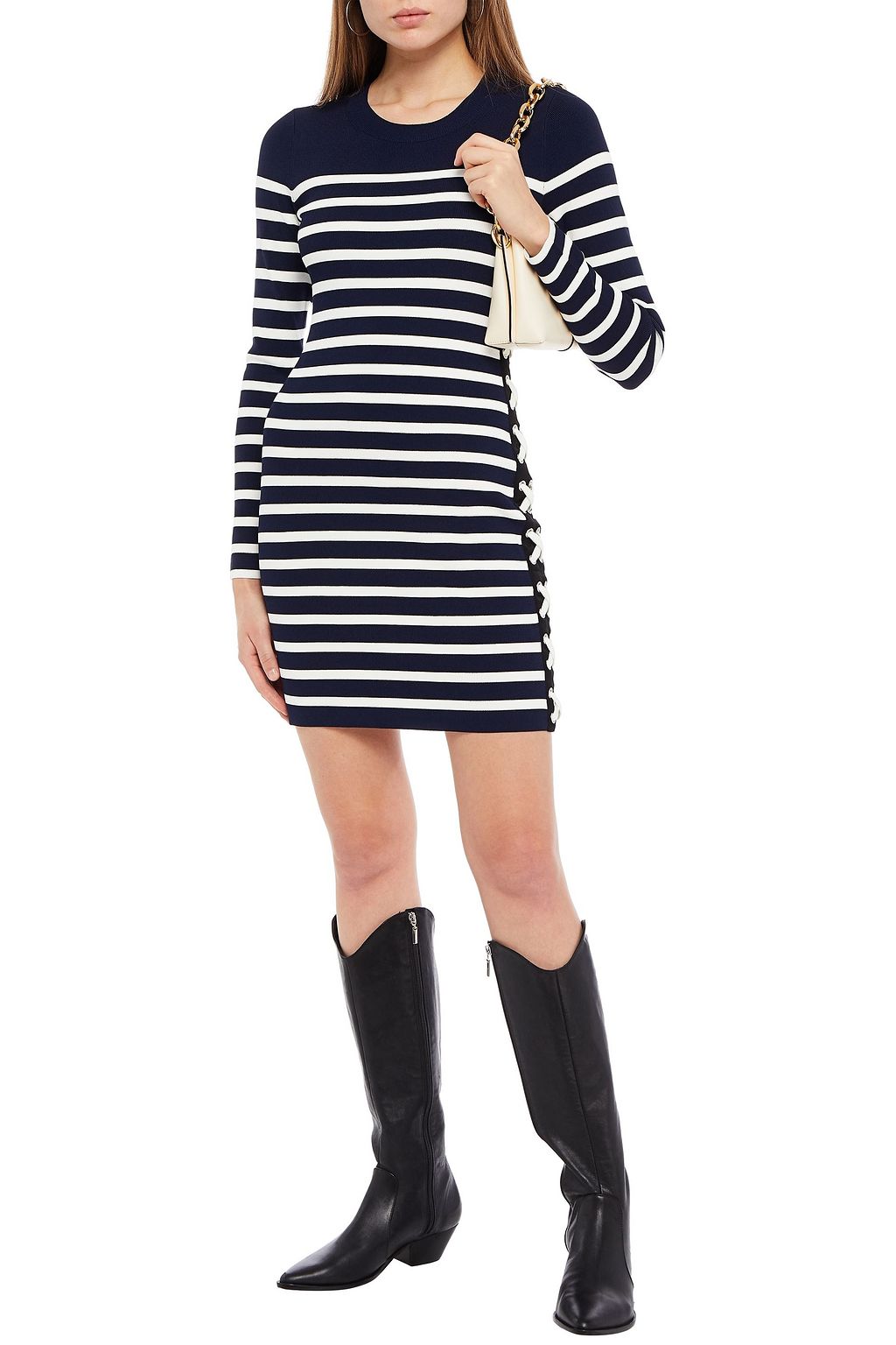 VERONICA BEARD Lace-up striped ribbed-knit mini dress