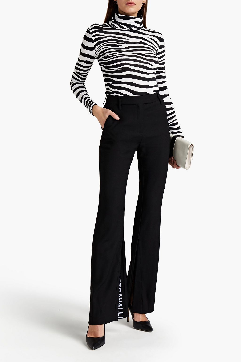 JUST CAVALLI Jacquard-trimmed stretch-twill flared pants