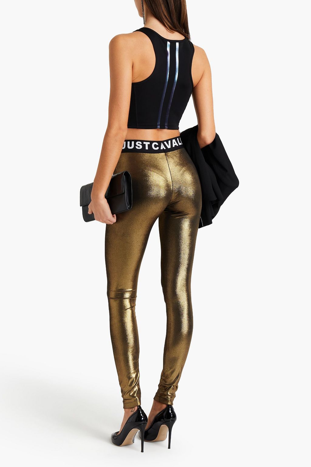 JUST CAVALLI Monogram-trimmed metallic jersey leggings