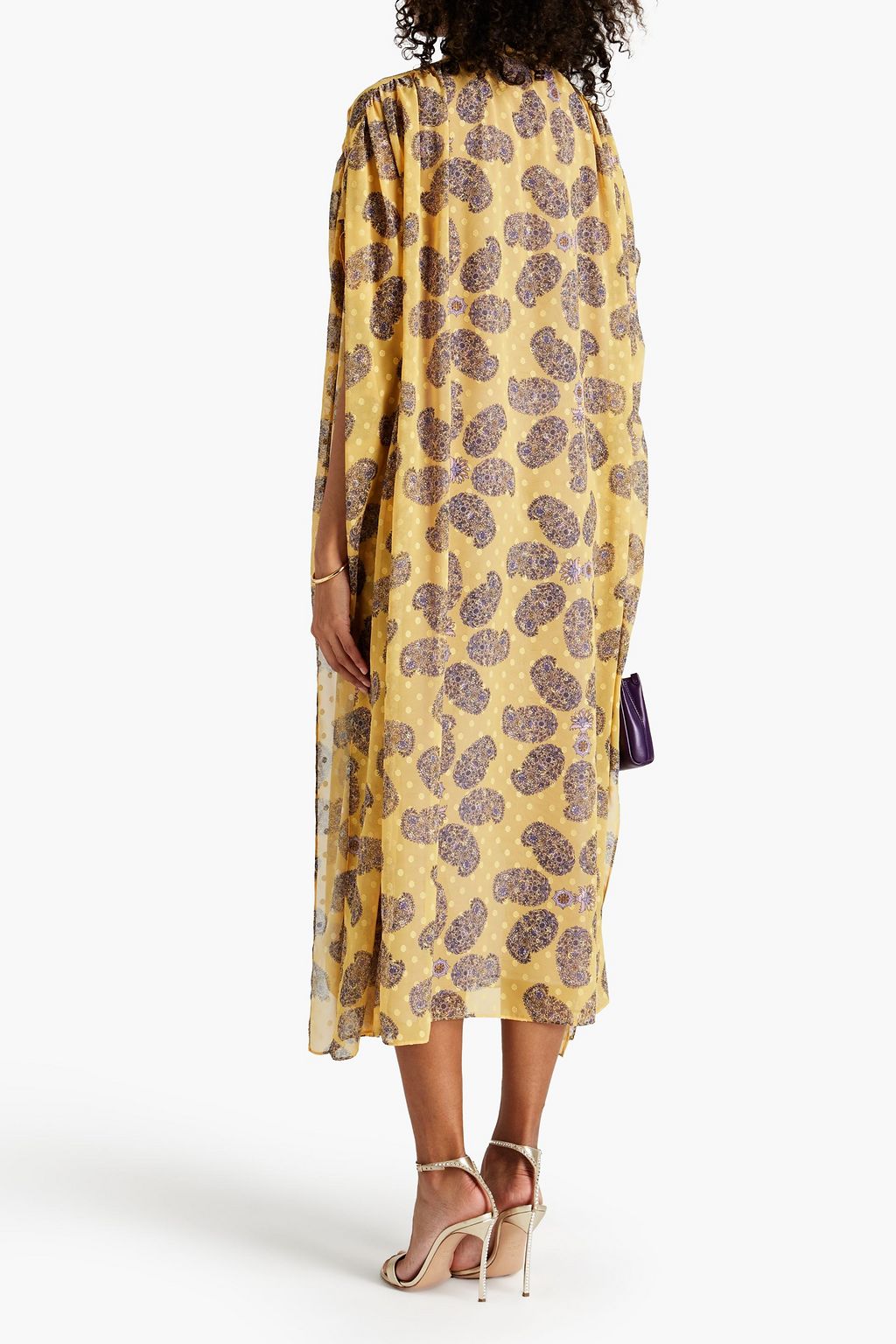 GIAMBA Cape-effect pussy-bow printed fil coupé chiffon midi dress