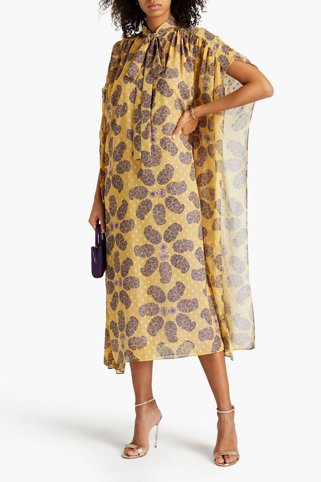 GIAMBA Cape-effect pussy-bow printed fil coupé chiffon midi dress