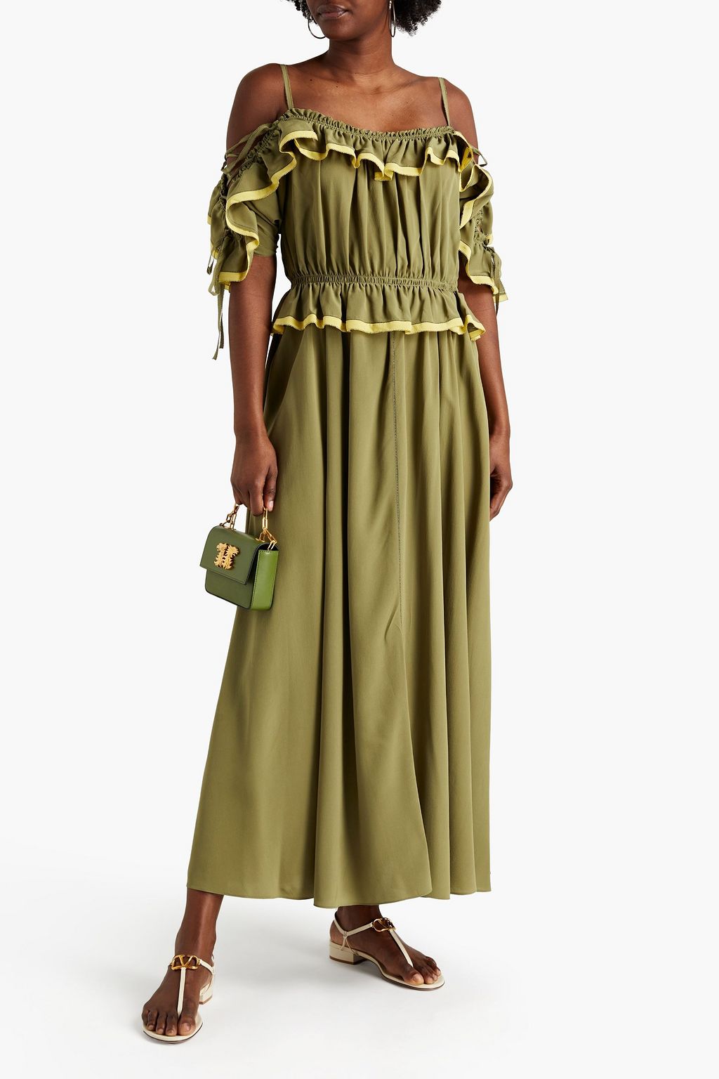 VALENTINO GARAVANI Cold-shoulder ruffled silk crepe de chine maxi dress