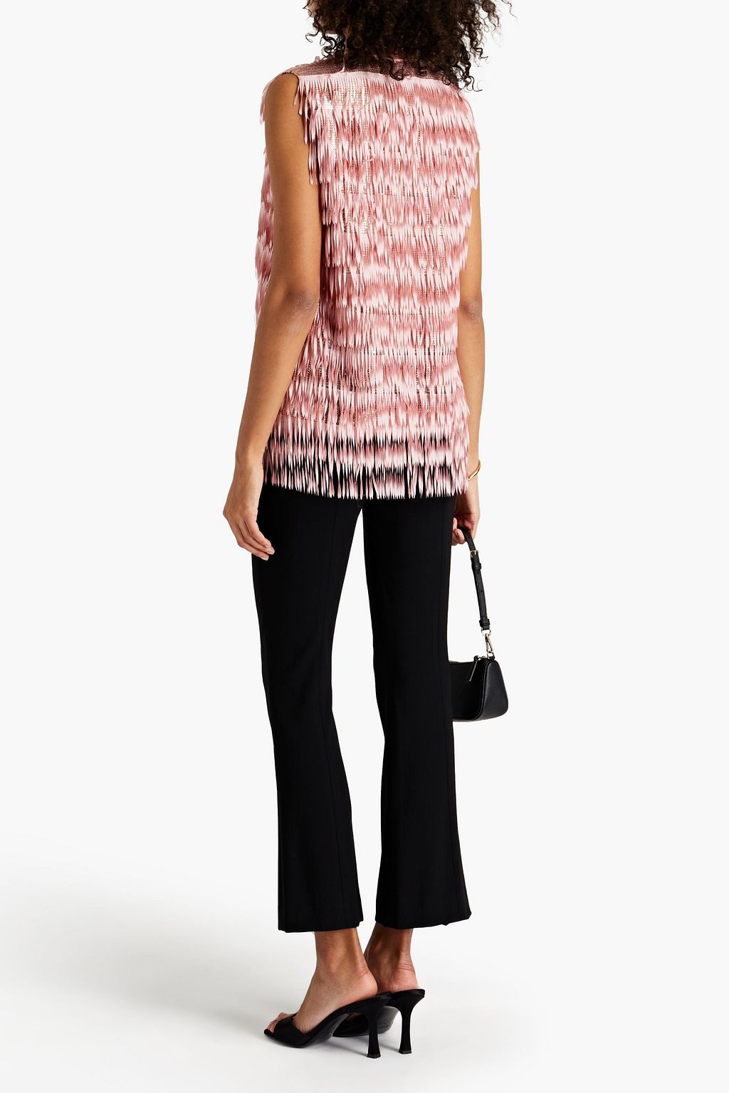 GIAMBA Fringed embellished tulle and crepe de chine top