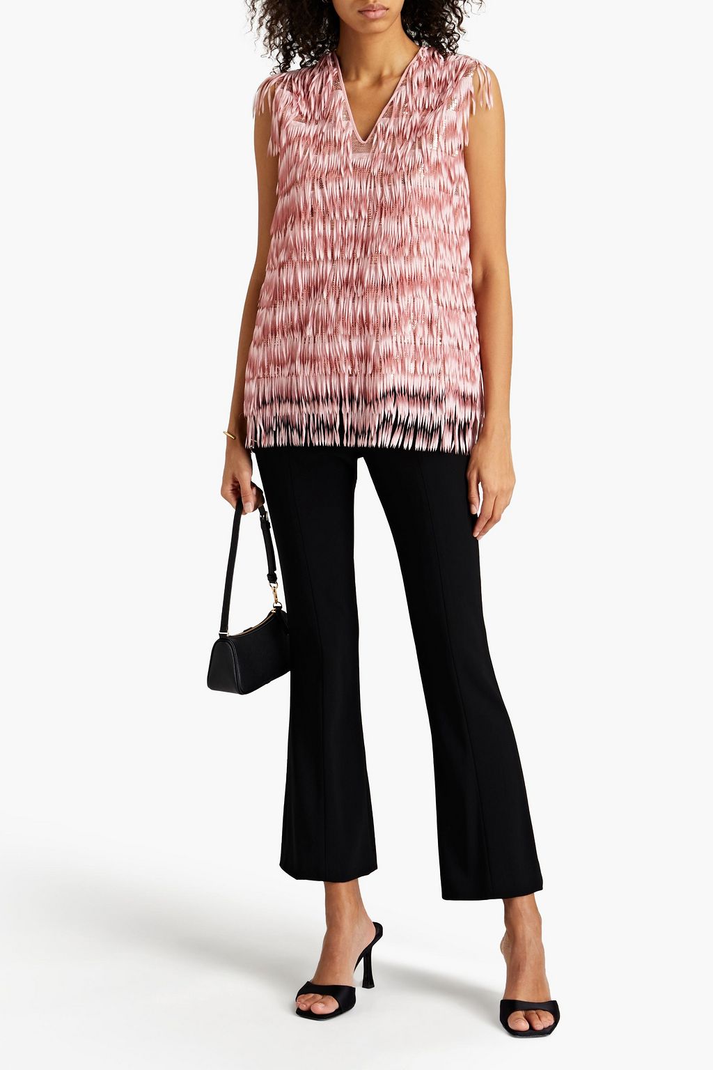 GIAMBA Fringed embellished tulle and crepe de chine top