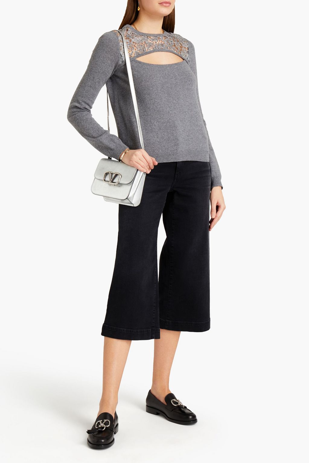 VALENTINO GARAVANI Lace-paneled cutout wool and cashmere-blend sweater