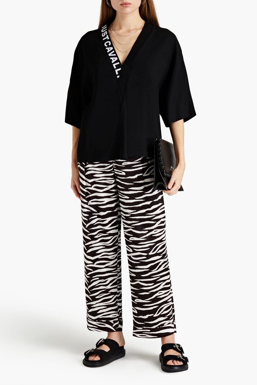 JUST CAVALLI Jacquard-trimmed stretch-crepe top