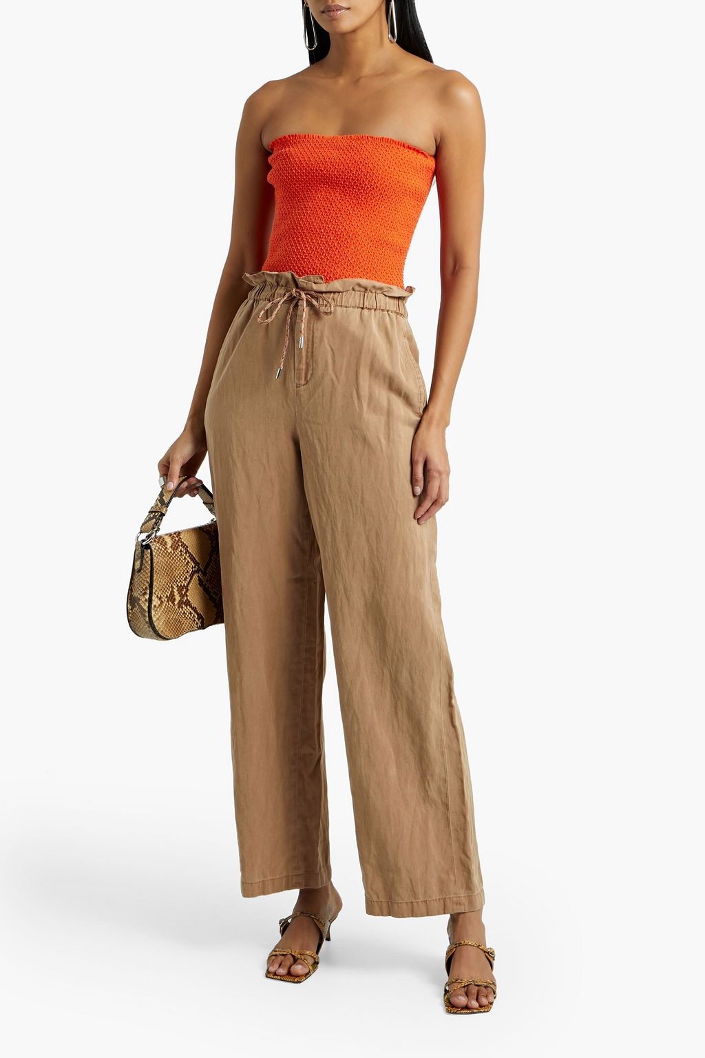 ALICE + OLIVIA Penelope cropped strapless smocked linen-blend top
