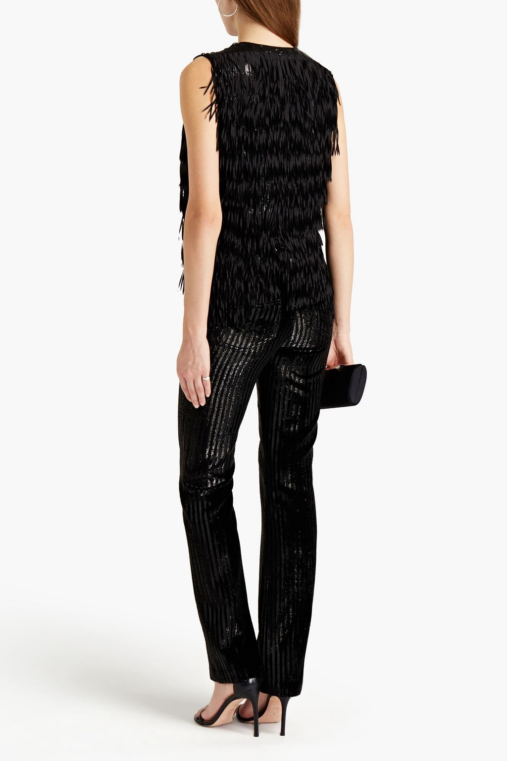 GIAMBA Fringed embellished tulle and crepe de chine top