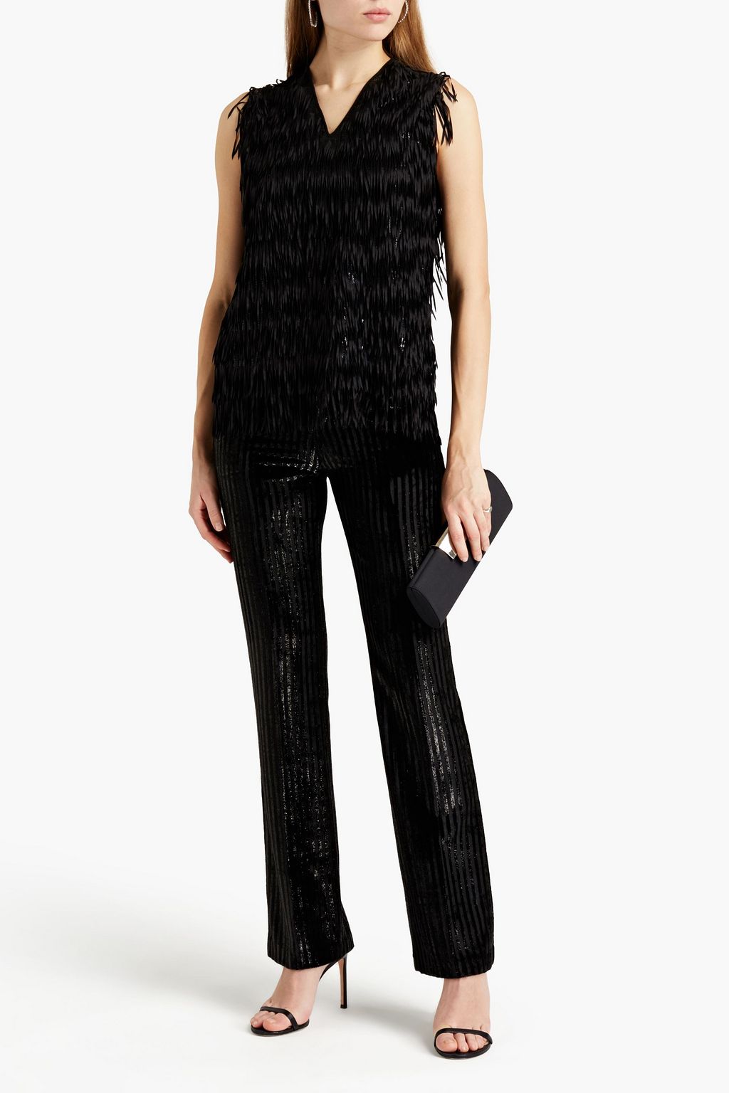 GIAMBA Fringed embellished tulle and crepe de chine top