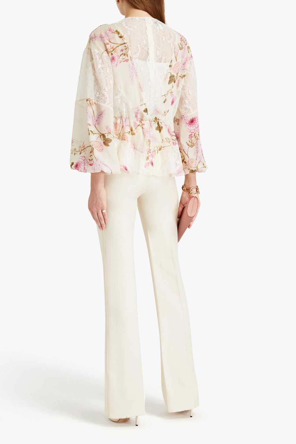 GIAMBATTISTA VALLI Lace-paneled gathered floral-print silk-chiffon blouse
