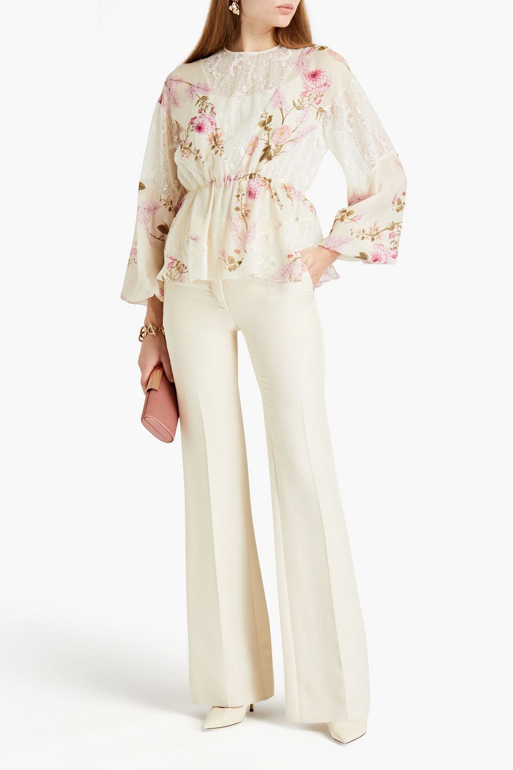 GIAMBATTISTA VALLI Lace-paneled gathered floral-print silk-chiffon blouse