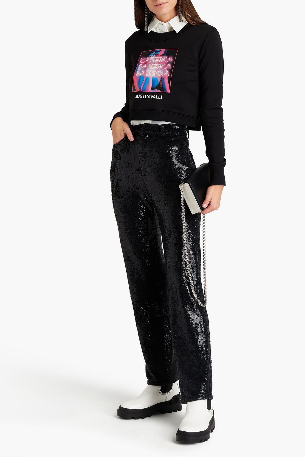JUST CAVALLI Cropped printed French cotton-terry sweatshirt