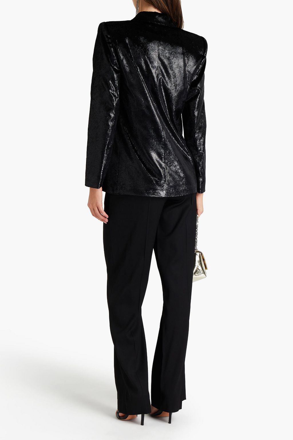 JUST CAVALLI Satin-trimmed logo-appliquéd tinsel blazer