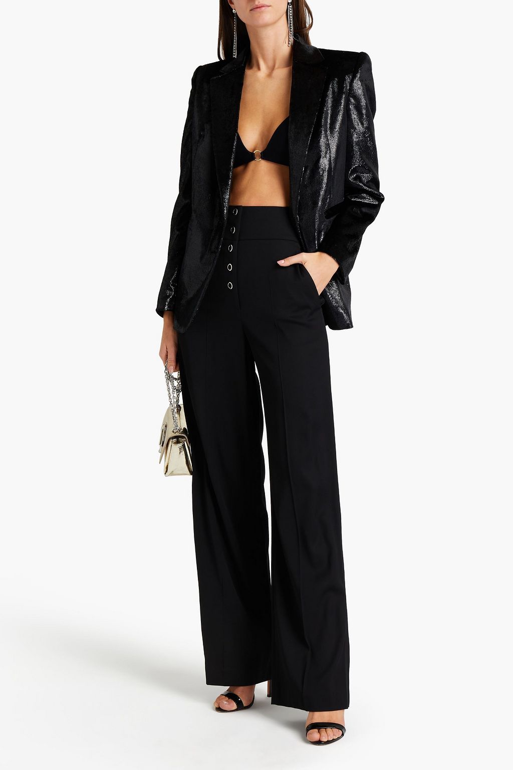 JUST CAVALLI Satin-trimmed logo-appliquéd tinsel blazer