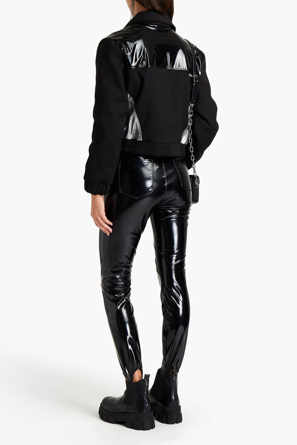 JUST CAVALLI Faux leather-trimmed vinyl-paneled crepe jacket
