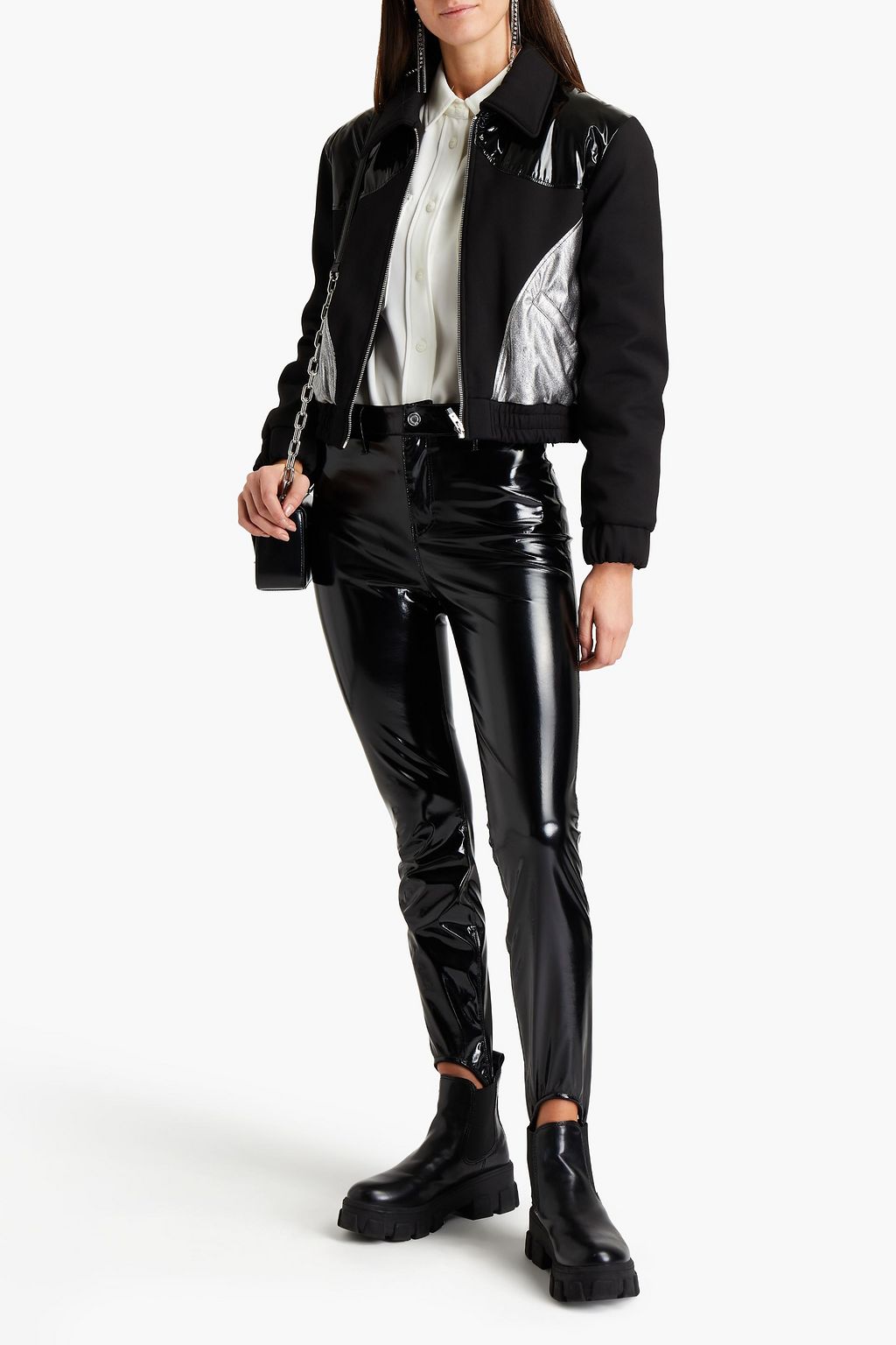 JUST CAVALLI Faux leather-trimmed vinyl-paneled crepe jacket