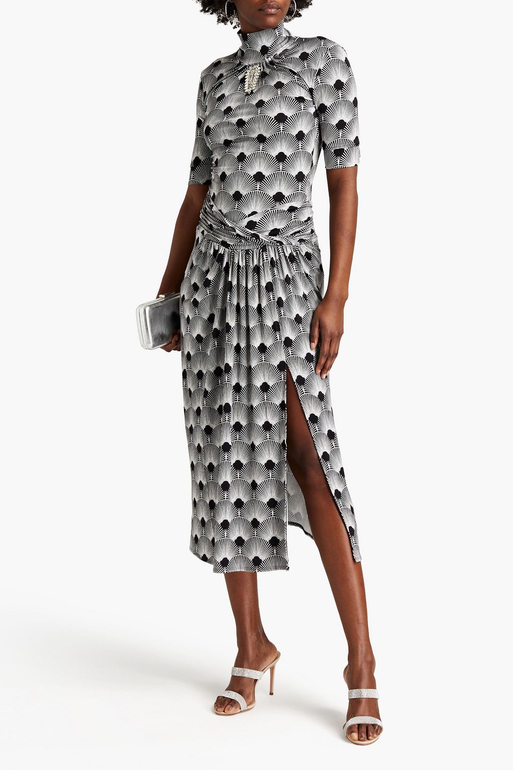 RABANNE Draped printed stretch-jersey midi skirt