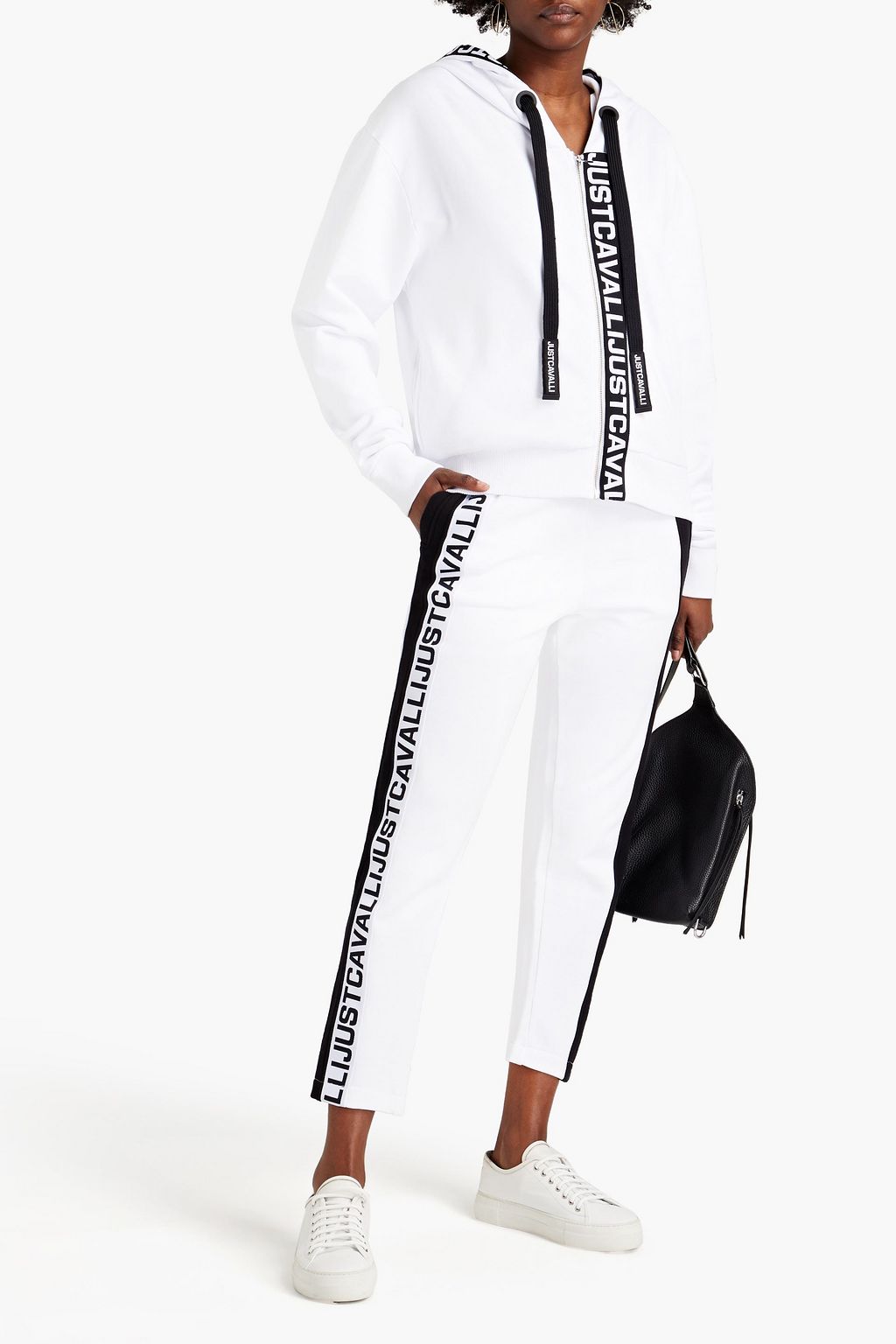 JUST CAVALLI Jacquard-trimmed French cotton-terry tapered pants