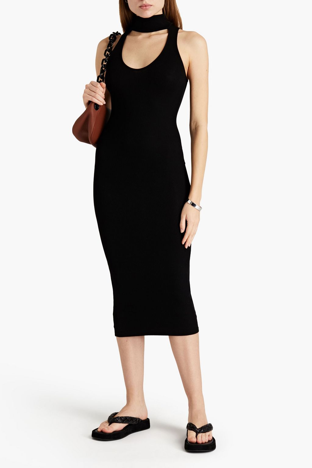 Black Cutout ribbed jersey midi dress 