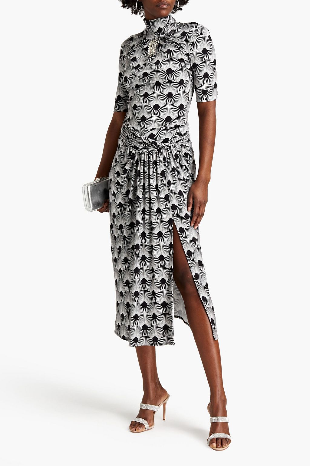 RABANNE Embellished printed stretch-jersey turtleneck top