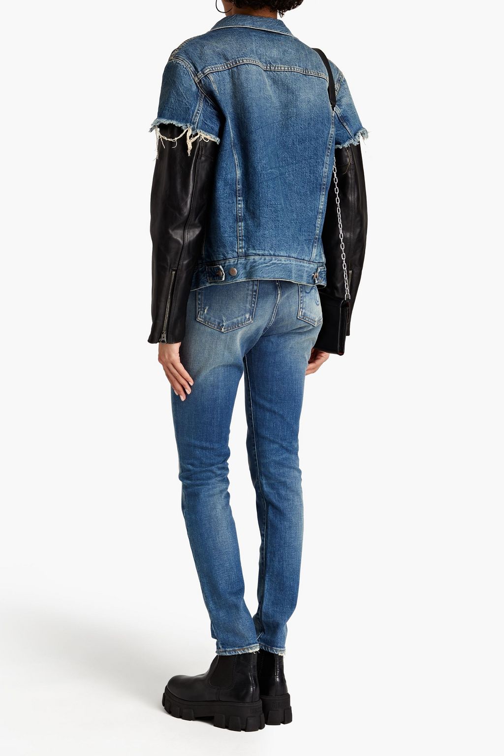 R13 Leather-paneled distressed denim jacket