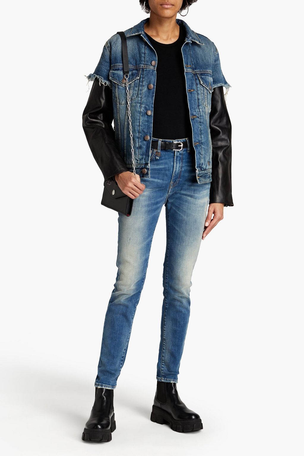 R13 Leather-paneled distressed denim jacket