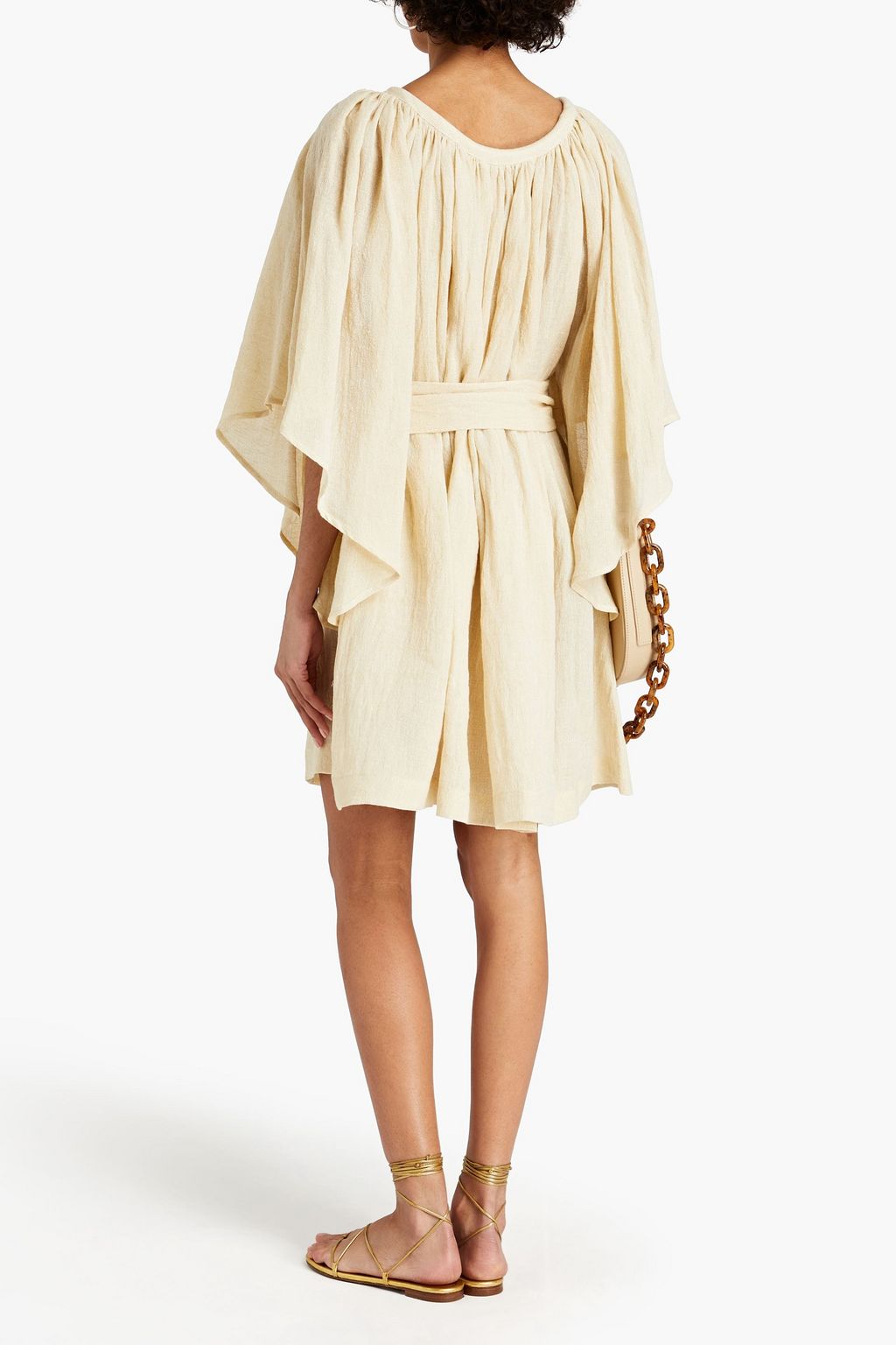 LISA MARIE FERNANDEZ Belted gathered metallic linen-blend gauze mini dress