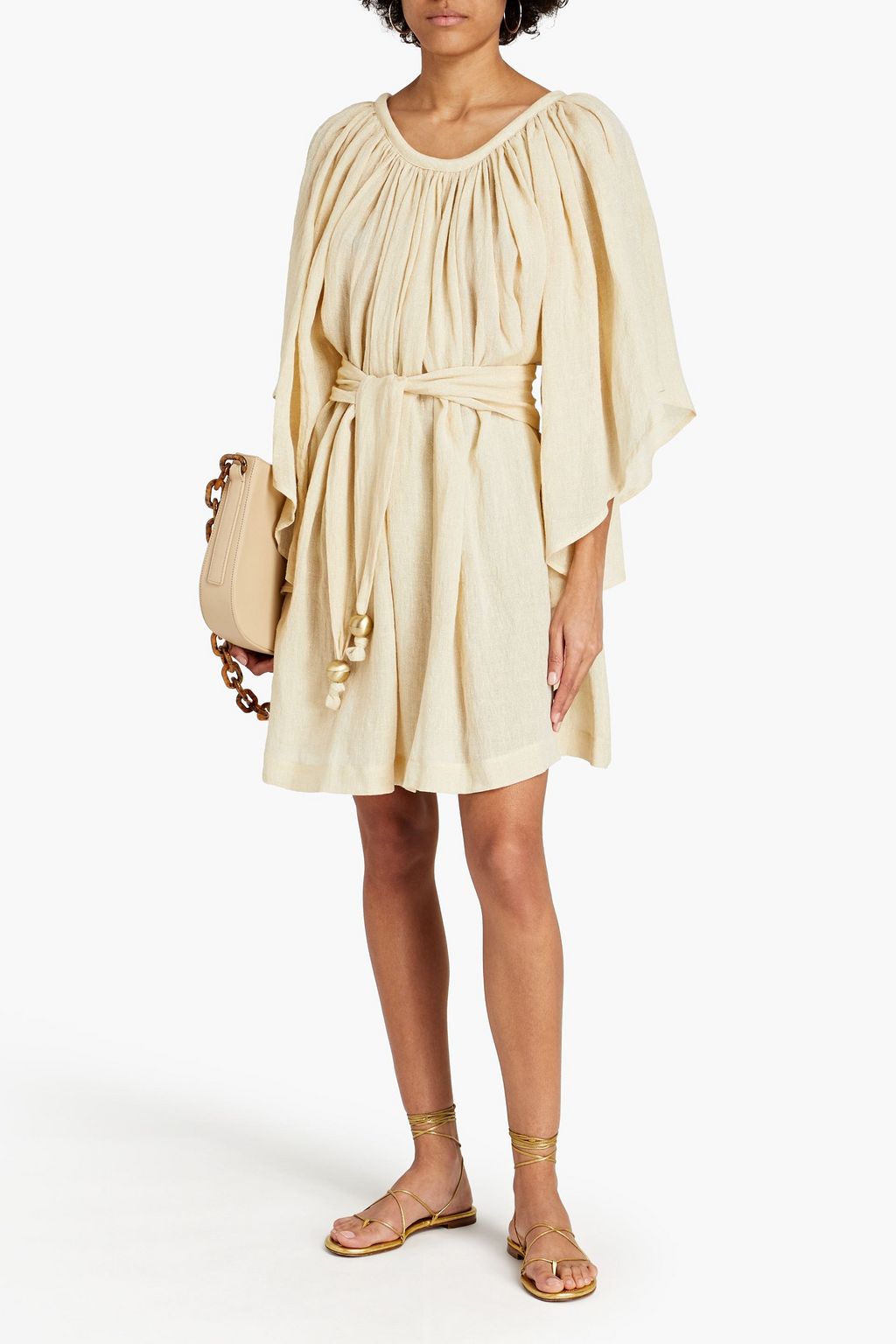 LISA MARIE FERNANDEZ Belted gathered metallic linen-blend gauze mini dress