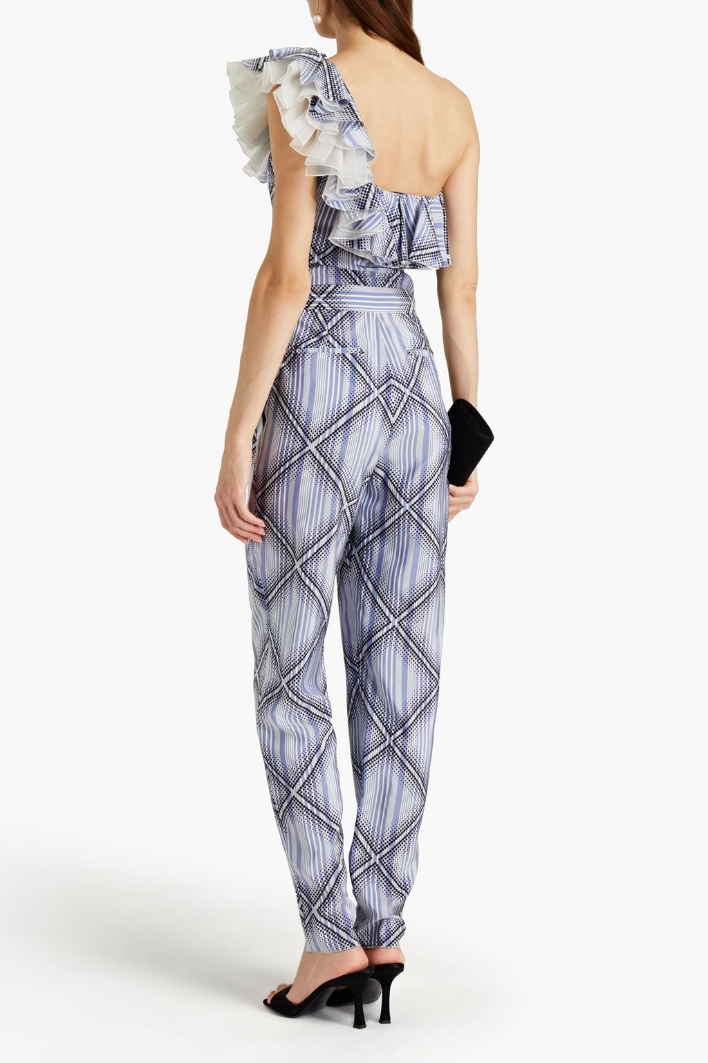 GIAMBATTISTA VALLI One-shoulder ruffled pleated printed silk-jacquard jumpsuit