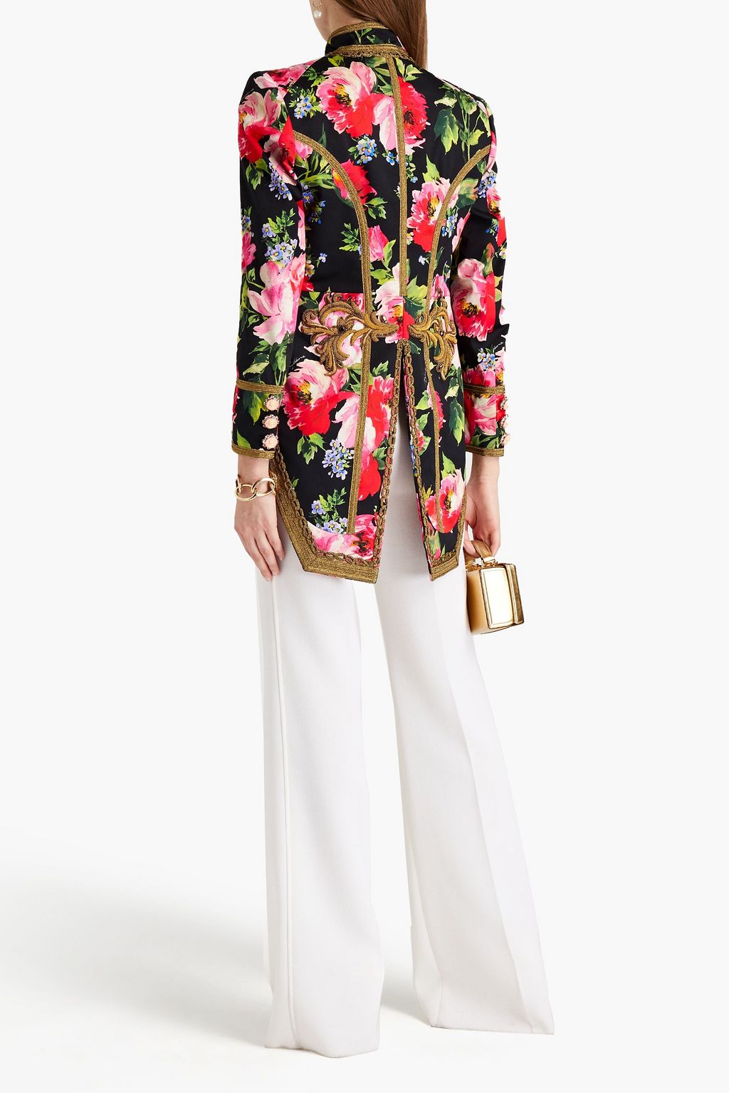 DOLCE&GABBANA Verzierte Jacke aus Gabardine aus einer Baumwollmischung mit floralem Print und Lamé-Besatz