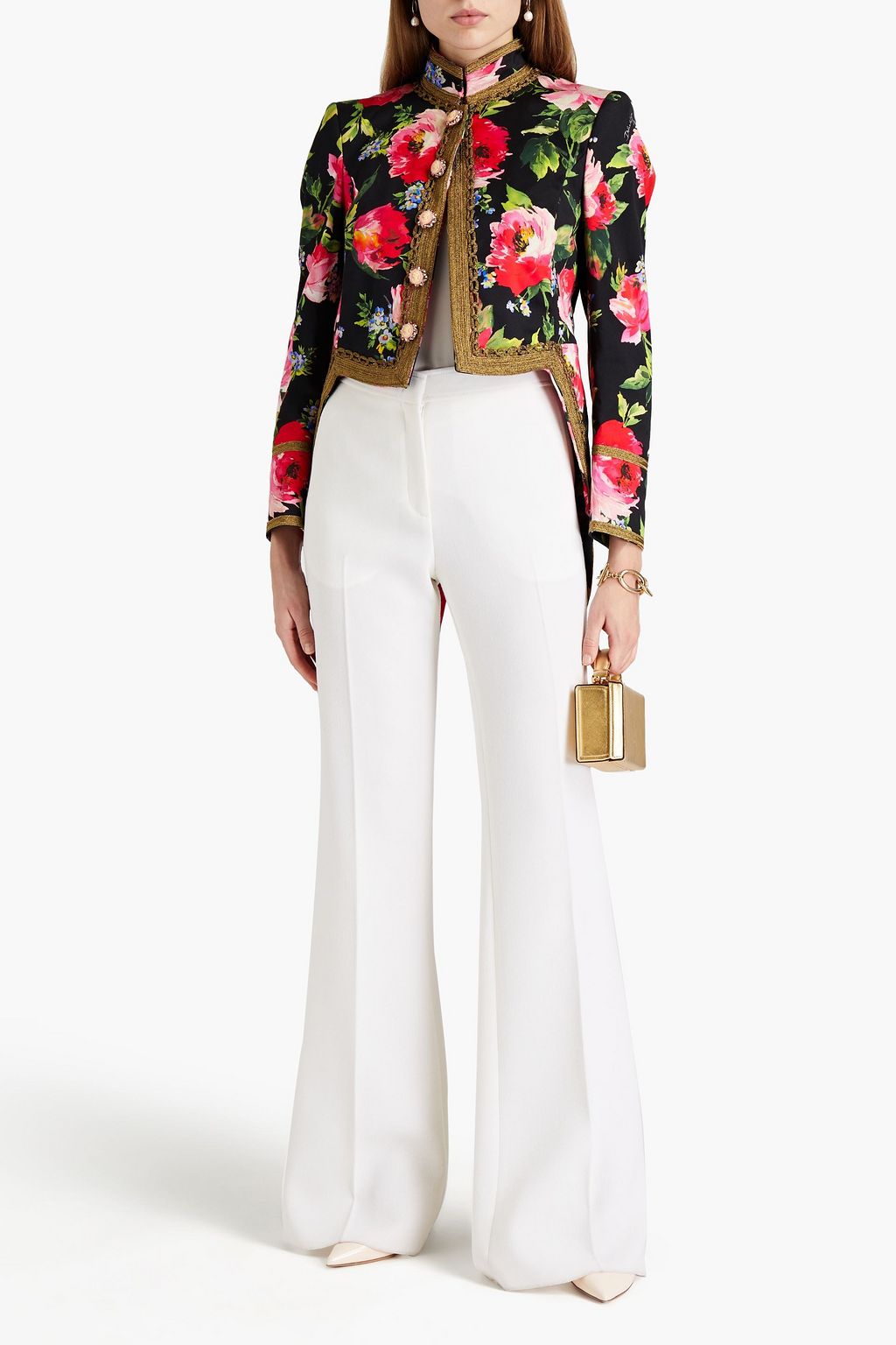 DOLCE&GABBANA Verzierte Jacke aus Gabardine aus einer Baumwollmischung mit floralem Print und Lamé-Besatz
