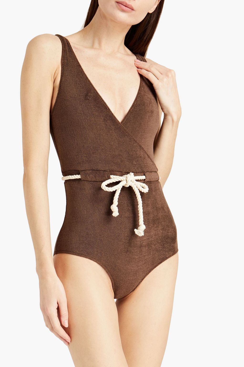 LISA MARIE FERNANDEZ Wrap-effect belted cotton-blend terry swimsuit