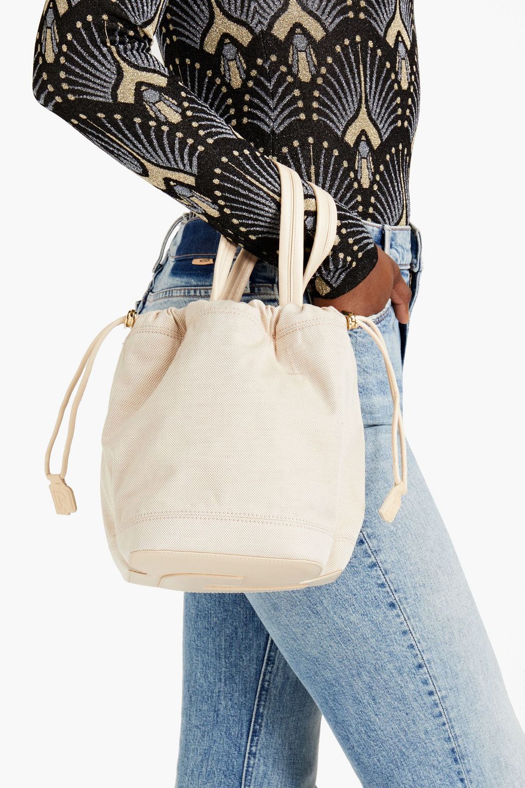 RABANNE Leather-trimmed canvas bucket bag
