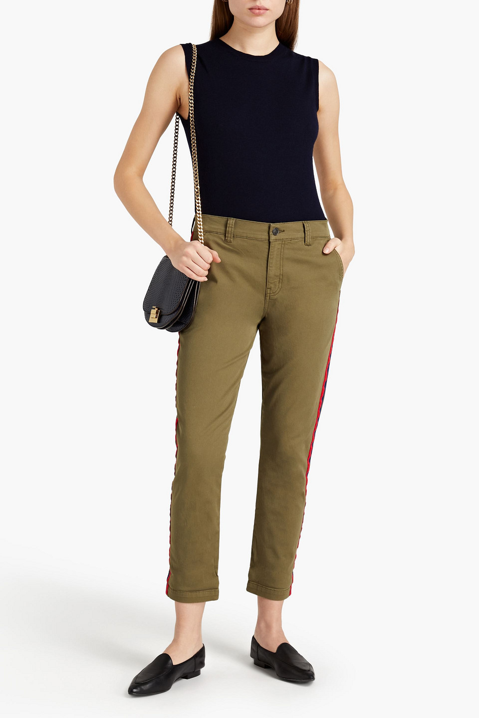 Current Elliott Cropped Striped Cotton-twill Tapered Trousers In Green