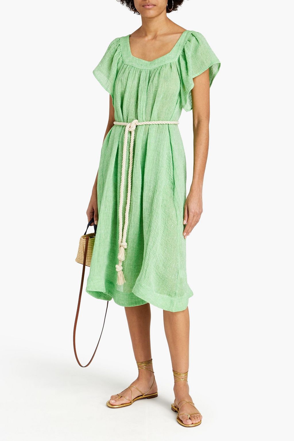 LISA MARIE FERNANDEZ Belted gathered linen-blend gauze midi dress