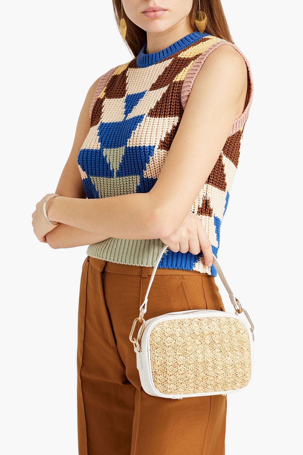VANESSA BRUNO Raffia-paneled leather shoulder bag