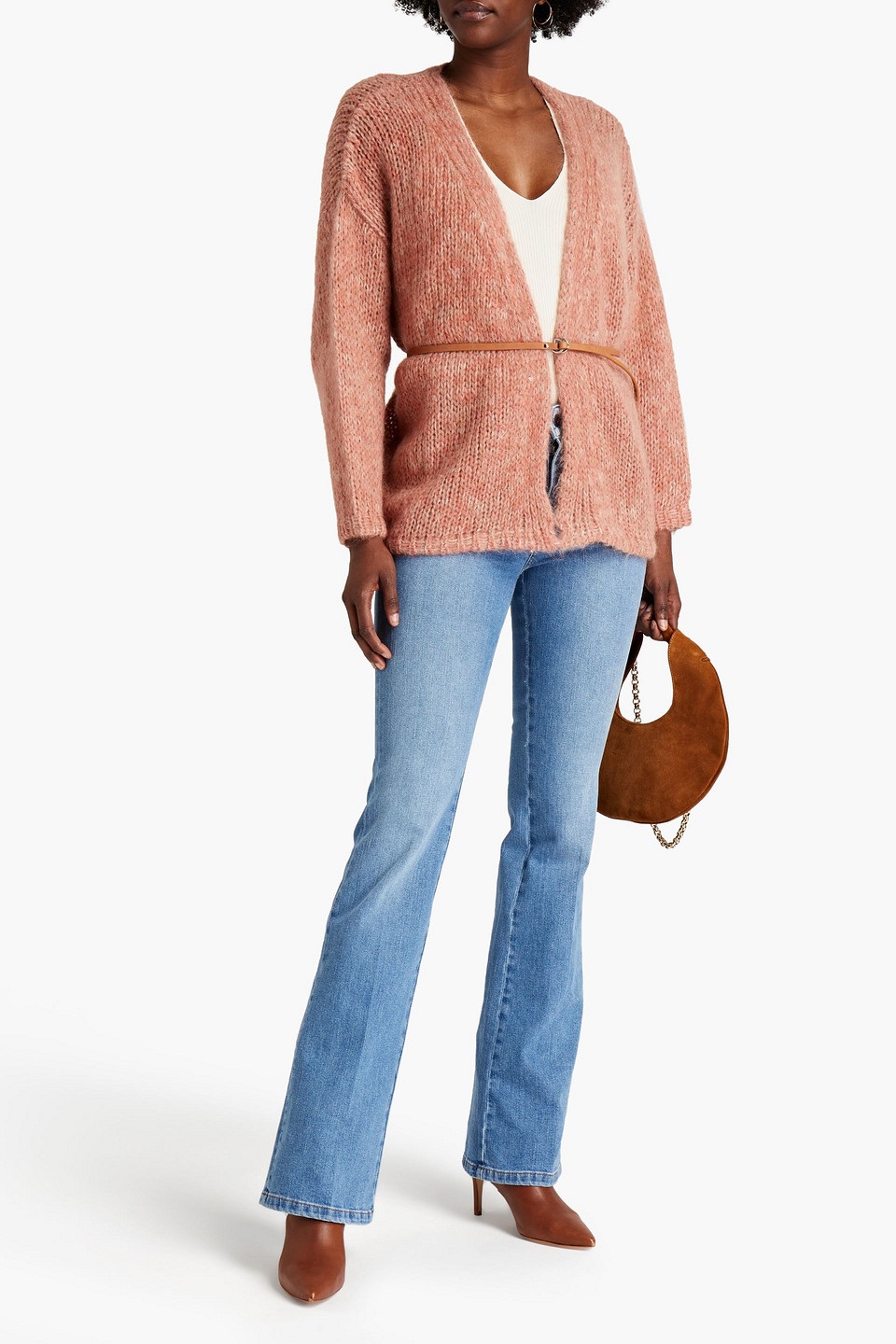 Vanessa Bruno Belted Mélange Brushed Knitted Cardigan In Antique Rose