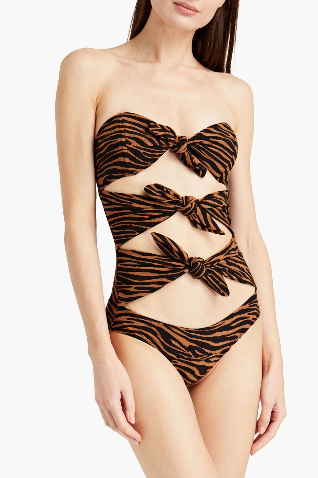 LISA MARIE FERNANDEZ Cutout knotted zebra-print stretch-crepe bandeau swimsuit