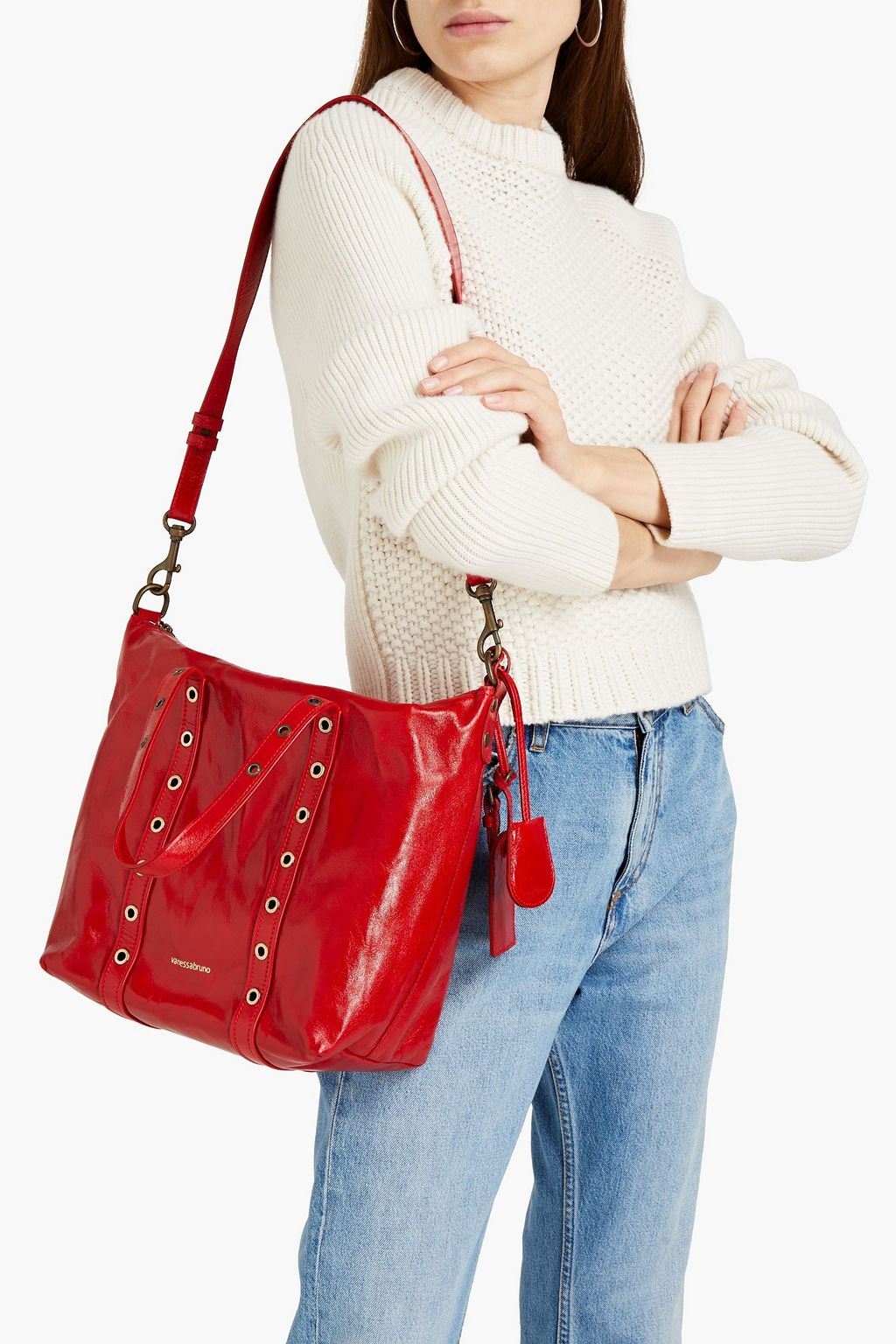 VANESSA BRUNO Eyelet-embellished crinkled patent-leather tote
