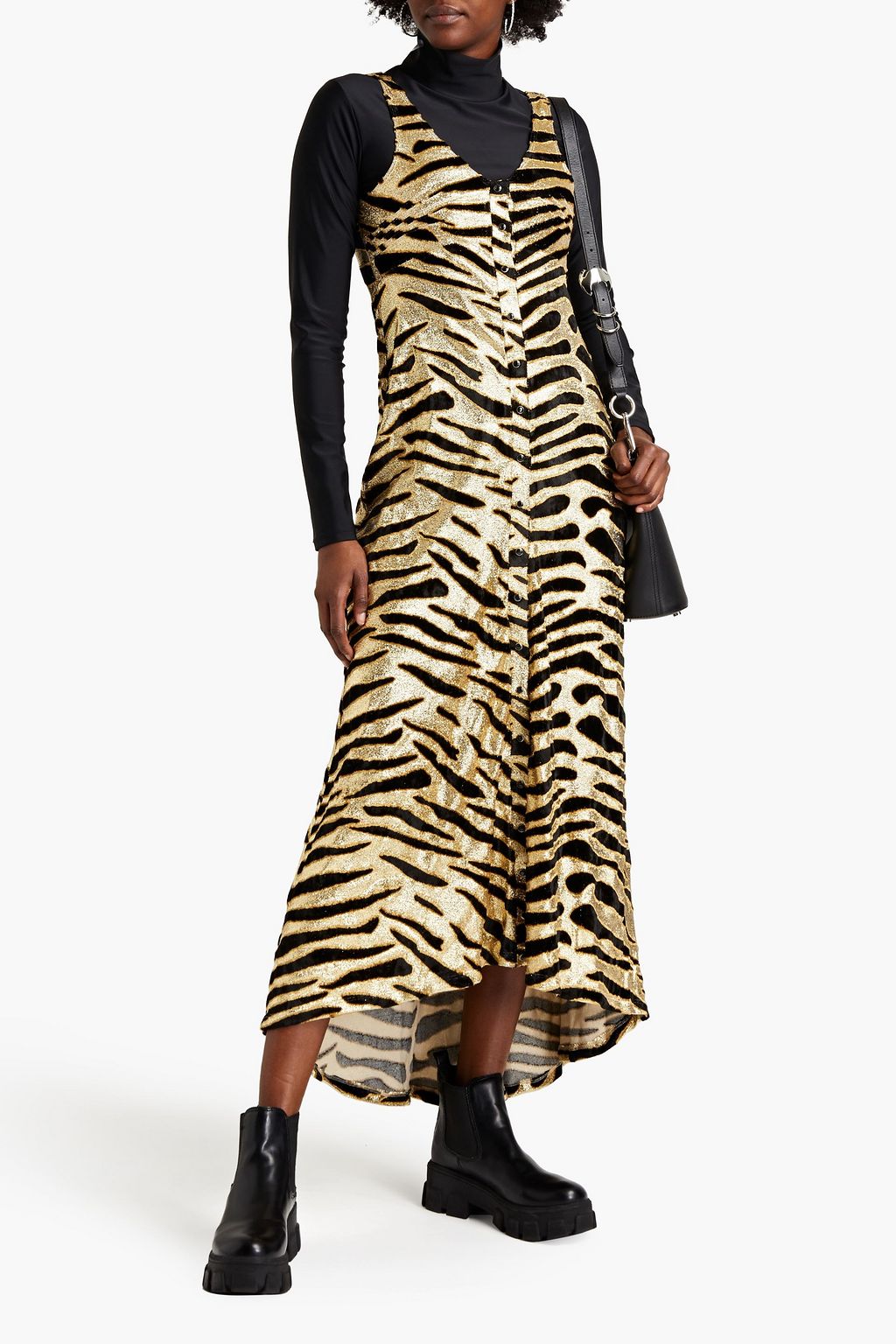 RABANNE Pintucked metallic zebra-print devoré-velvet midi dress