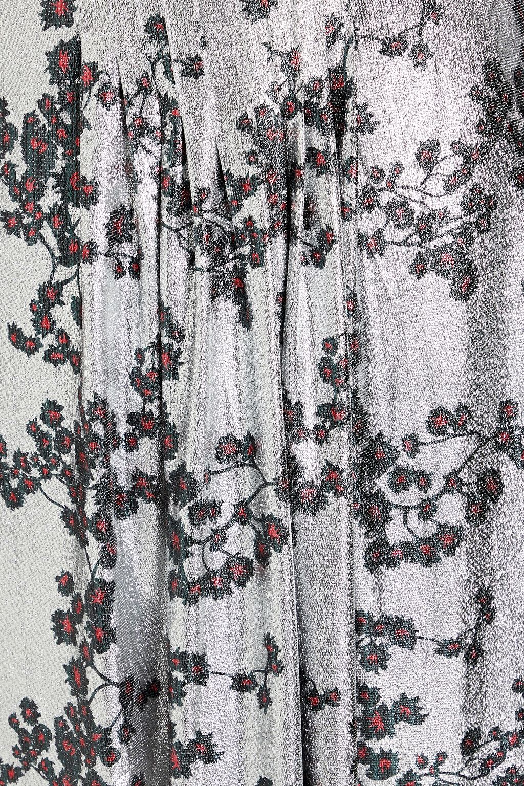 RABANNE Pleated floral-print lamé midi dress
