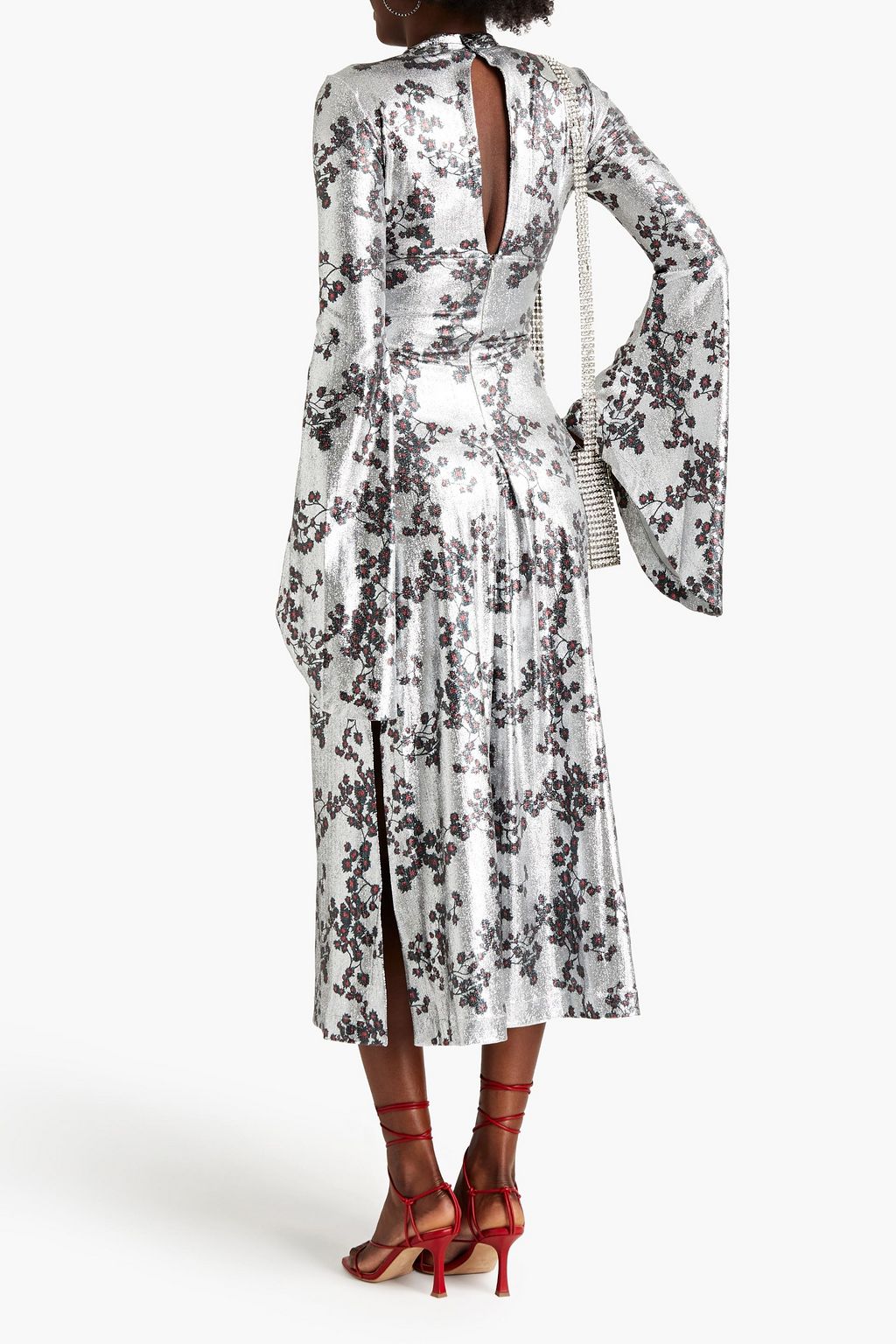 RABANNE Pleated floral-print lamé midi dress