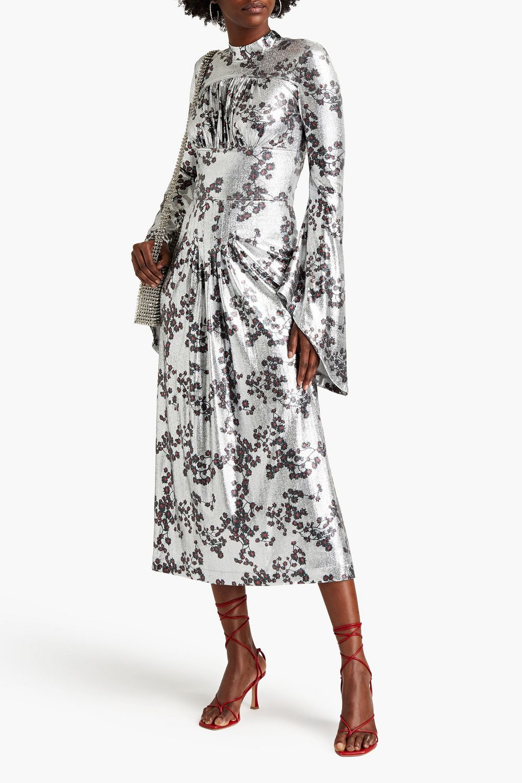 RABANNE Pleated floral-print lamé midi dress
