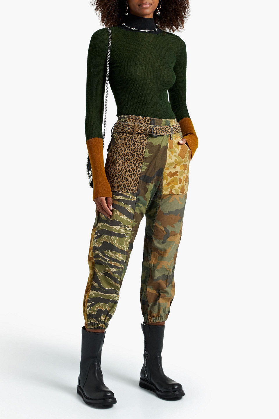 R13 Belted Paneled Printed Cotton-canvas Tapered Trousers In Army Green