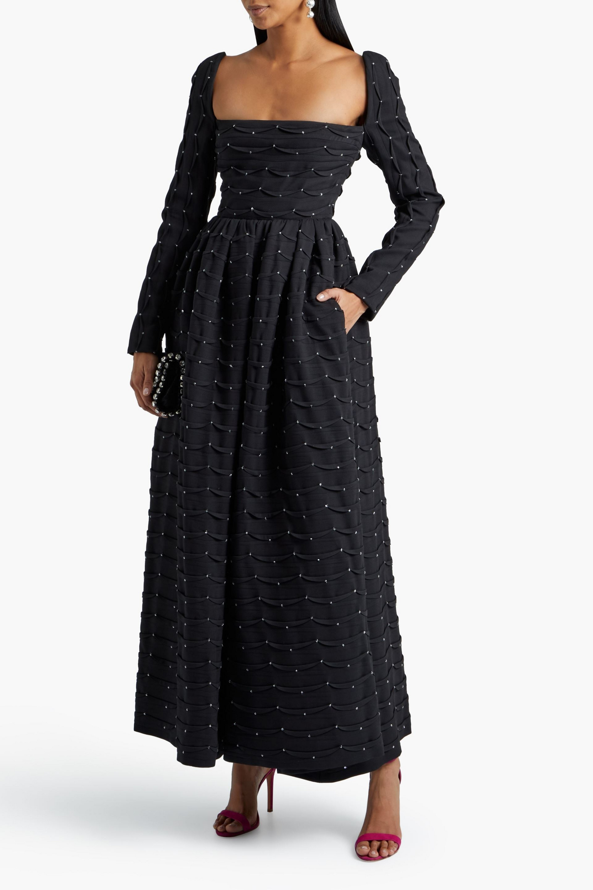 Valentino Garavani Pleated crystal-embellished wool and silk-blend crepe maxi dress